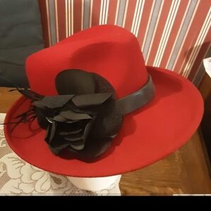 Liz Claiborne Red Hat Black Trim and Flower 100% Wool